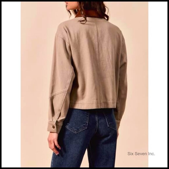 Cropped Barn Jacket Corduroy Collar Button Down Vintage Work Outerwear Pockets - Picture 7 of 7